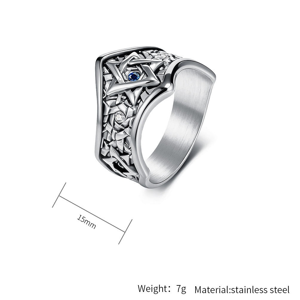 Kemstone Stainless Steel Hexagram Signet Ring for Men Cubic Zirconia Silver Gold Black K-R1152