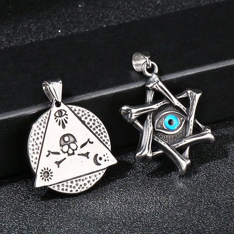 Kemstone Punk Triangle Chain Pendant - Vintage Hexagram Evil Eye Stainless Steel Necklace, Retro Bohemian Men's Fashion Accessory KP119884-MI