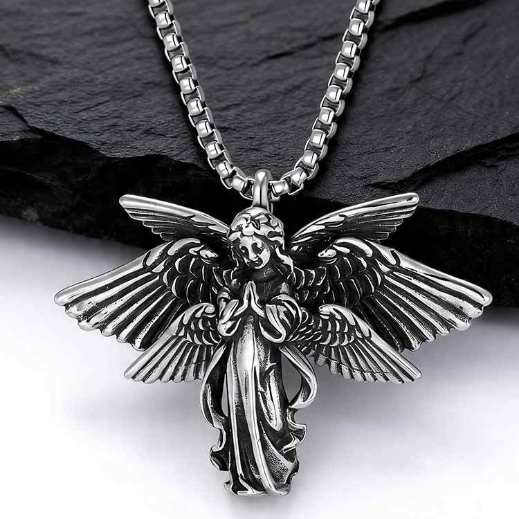 Kemstone Stainless Steel Wing Pendant Necklace for Men Vintage Gothic Silver PN2389