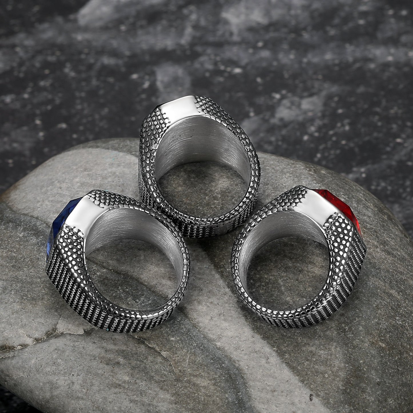 Kemstone Hip-hop Retro Distressed Zircon Men's Ring - Wide Band Stainless Steel Edgy Single Statement Piece TR0441