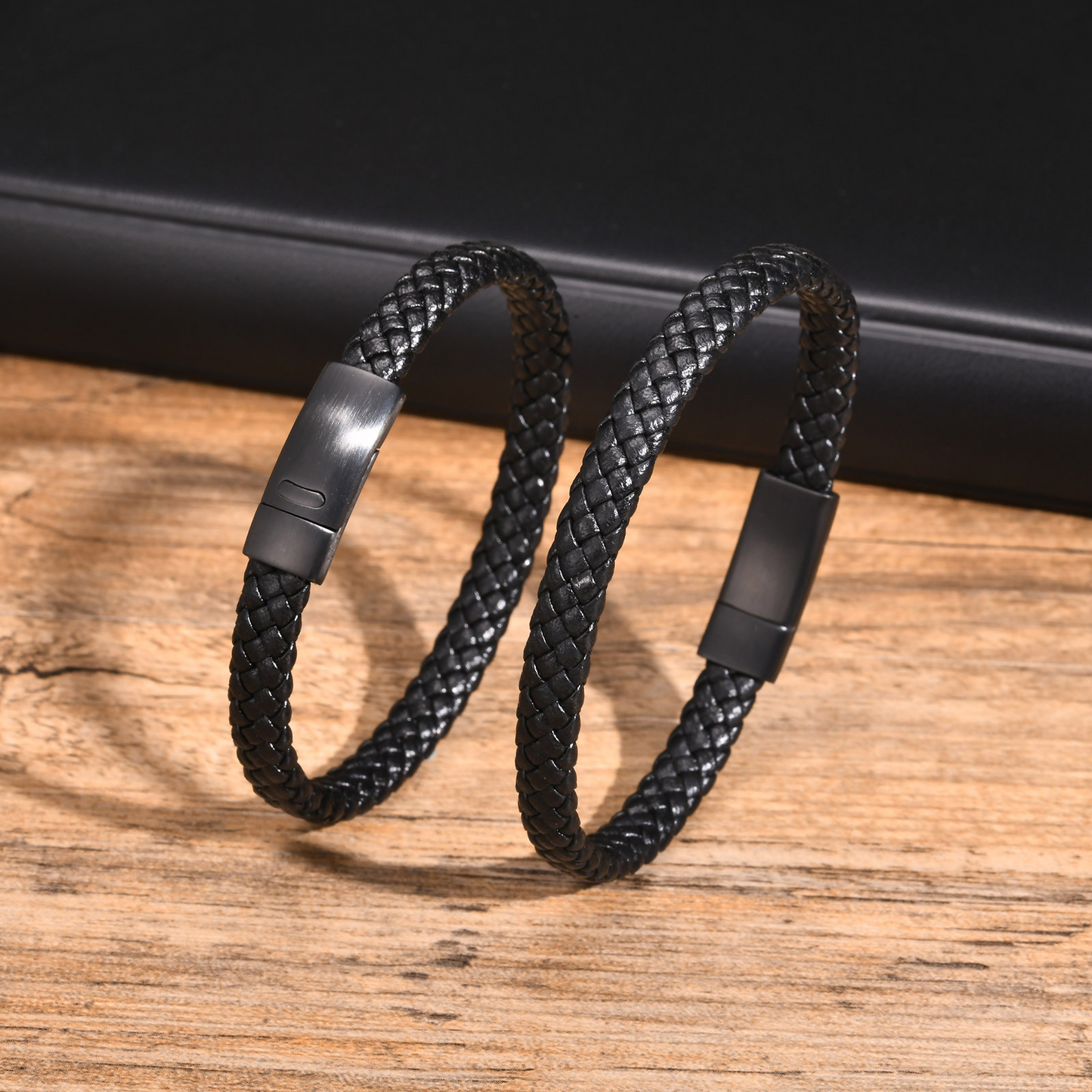 Kemstone Men’s Braided Leather Bracelet – Stainless Steel Black Clasp BL-674