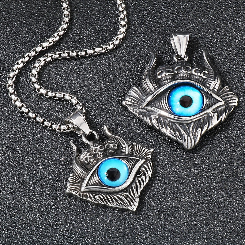 Colgante de calavera punk y abismo de Satán de Kemstone - Collar gótico de acero de titanio para hombre con diseño de mal de ojo y demonio KP119887