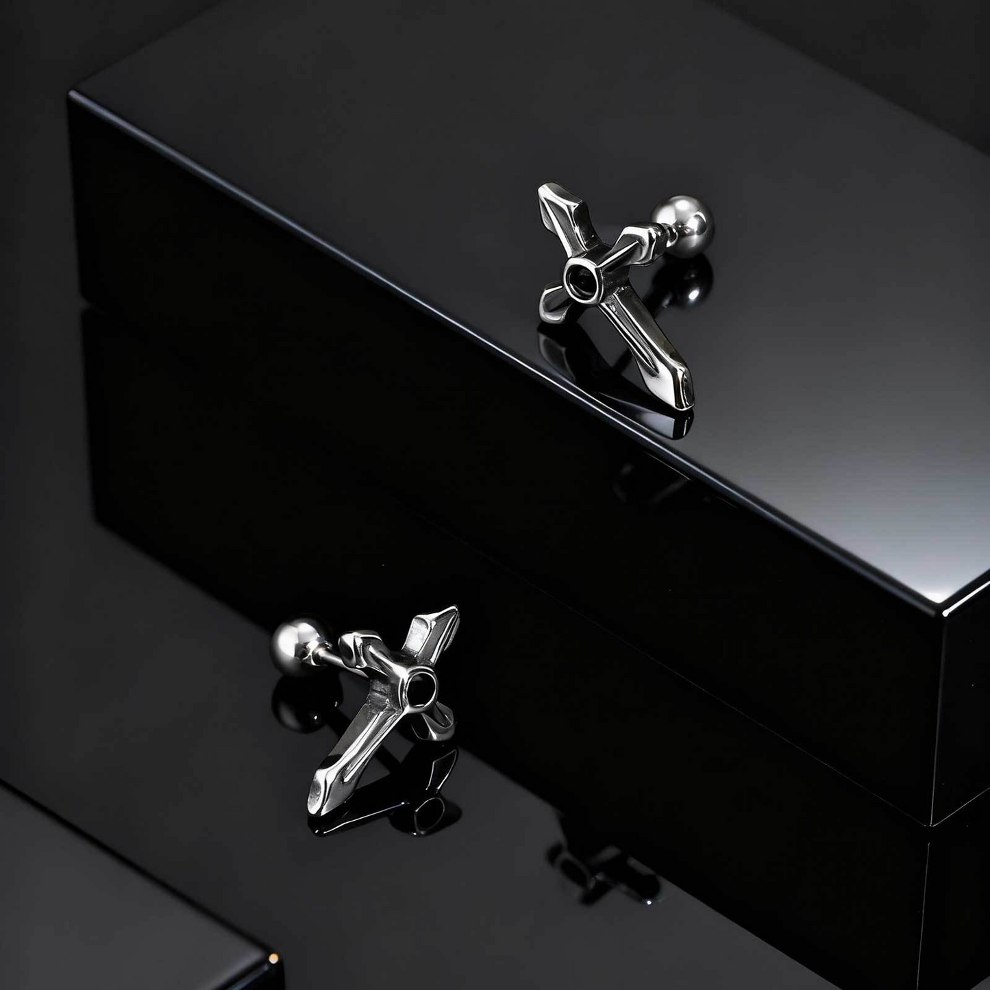 Kemstone Stainless Steel Cross Stud Earring for Men – Black Cubic Zirconia ES-745