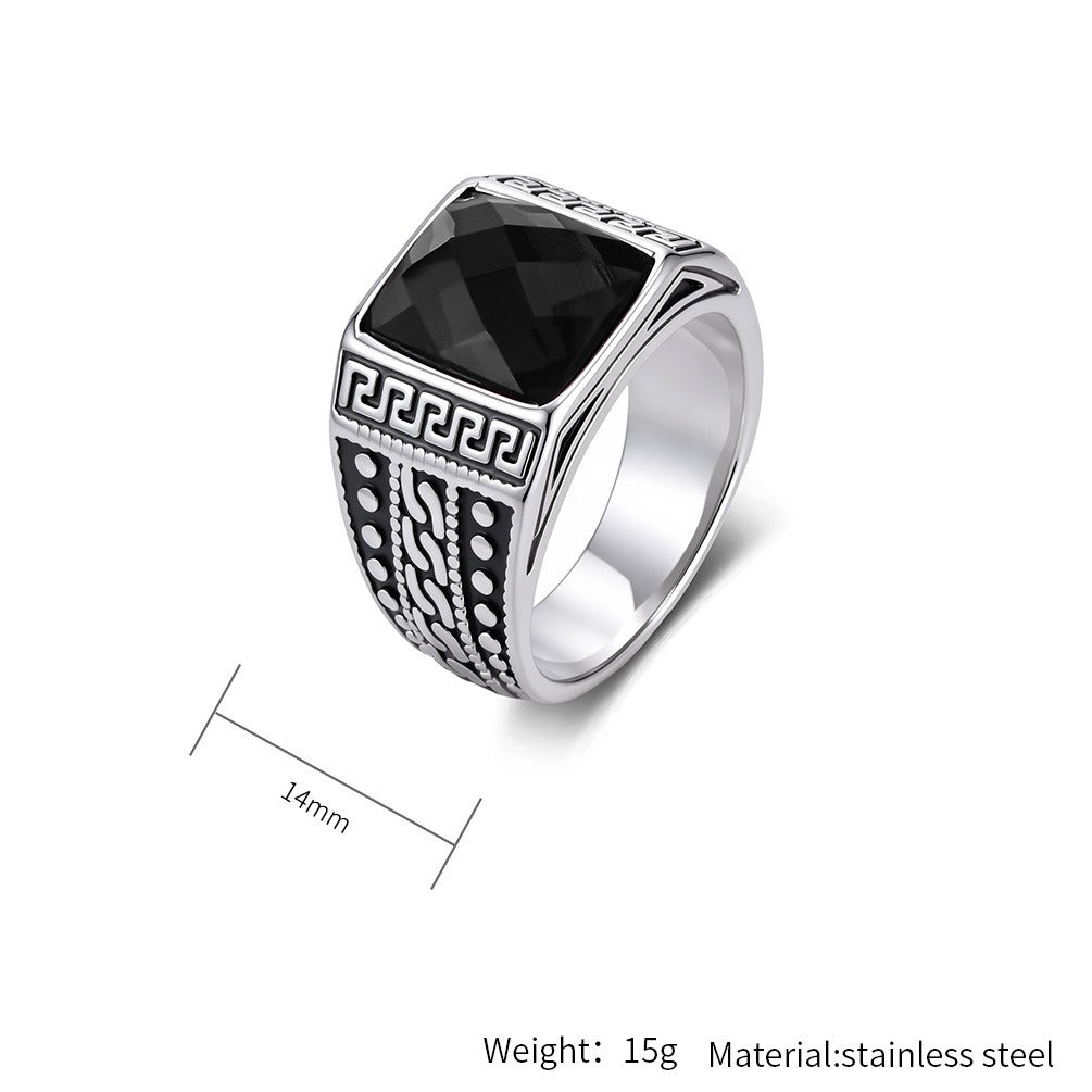 Kemston Stainless Steel Engraved Square Stone Signet Ring for Men R7007
