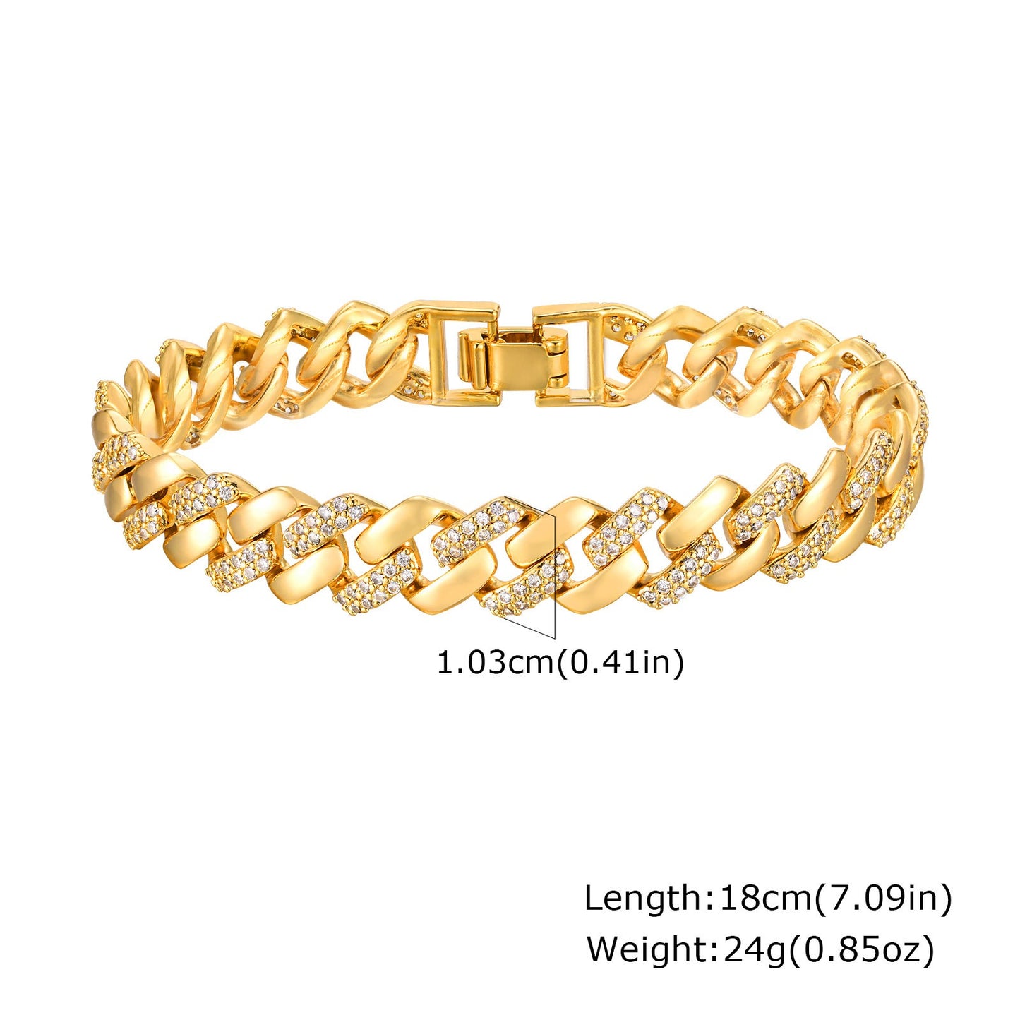 Pulsera gruesa de cobre y circonita en tono dorado para mujer: cadena llamativa con detalles art déco PBR-219