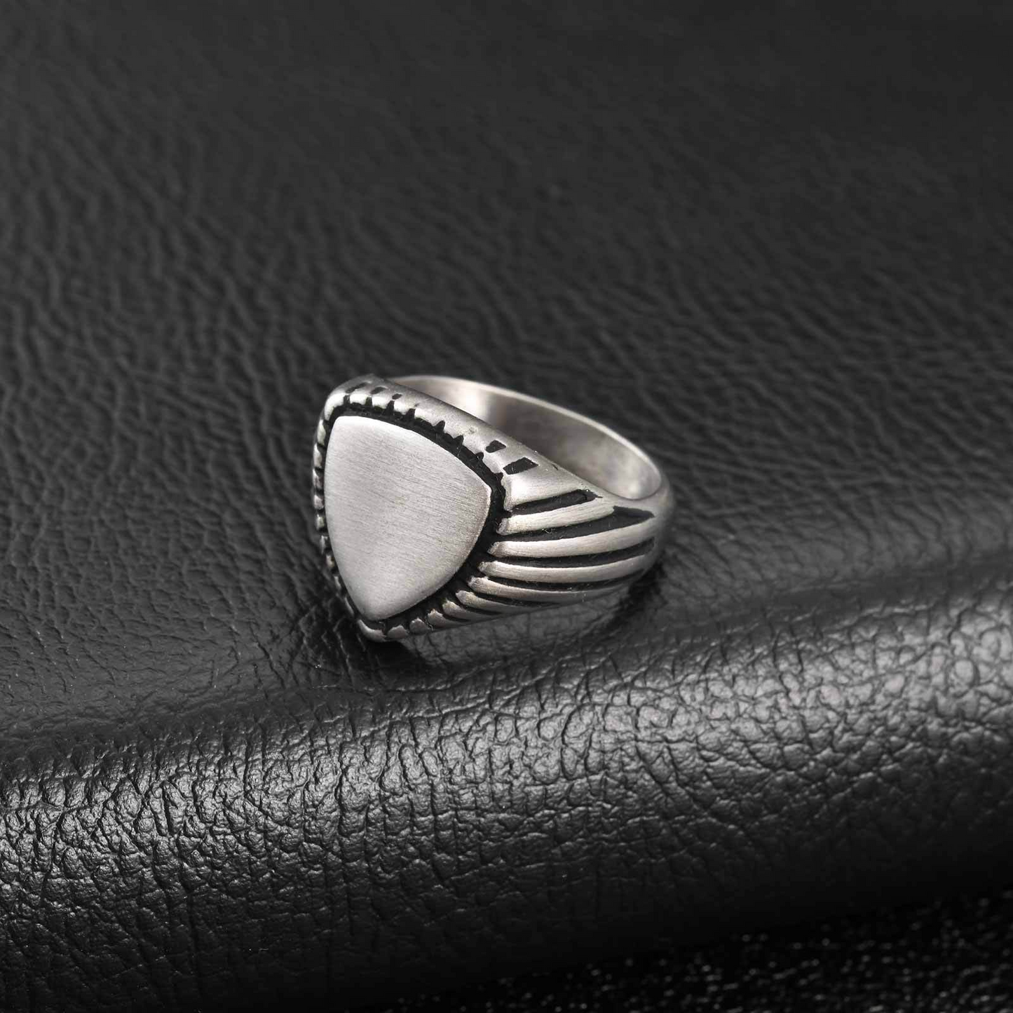 Kemstone Triangle Signet Ring Stainless Steel Brushed Silver for Men RC-843