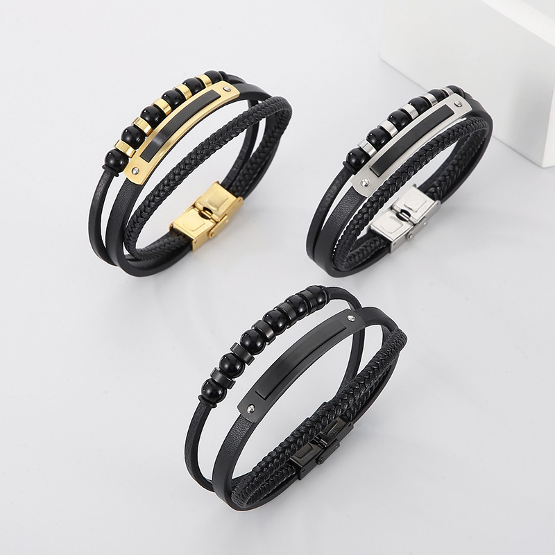 Kemstone Multi-Layer Braided Leather Bracelet for Men Beaded Titanium Steel KB147788-KLHQ