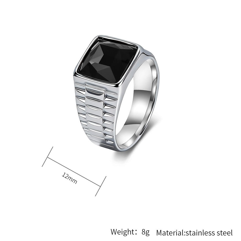 Kemstone Stainless Steel Black Stone Signet Ring for Men Square Face