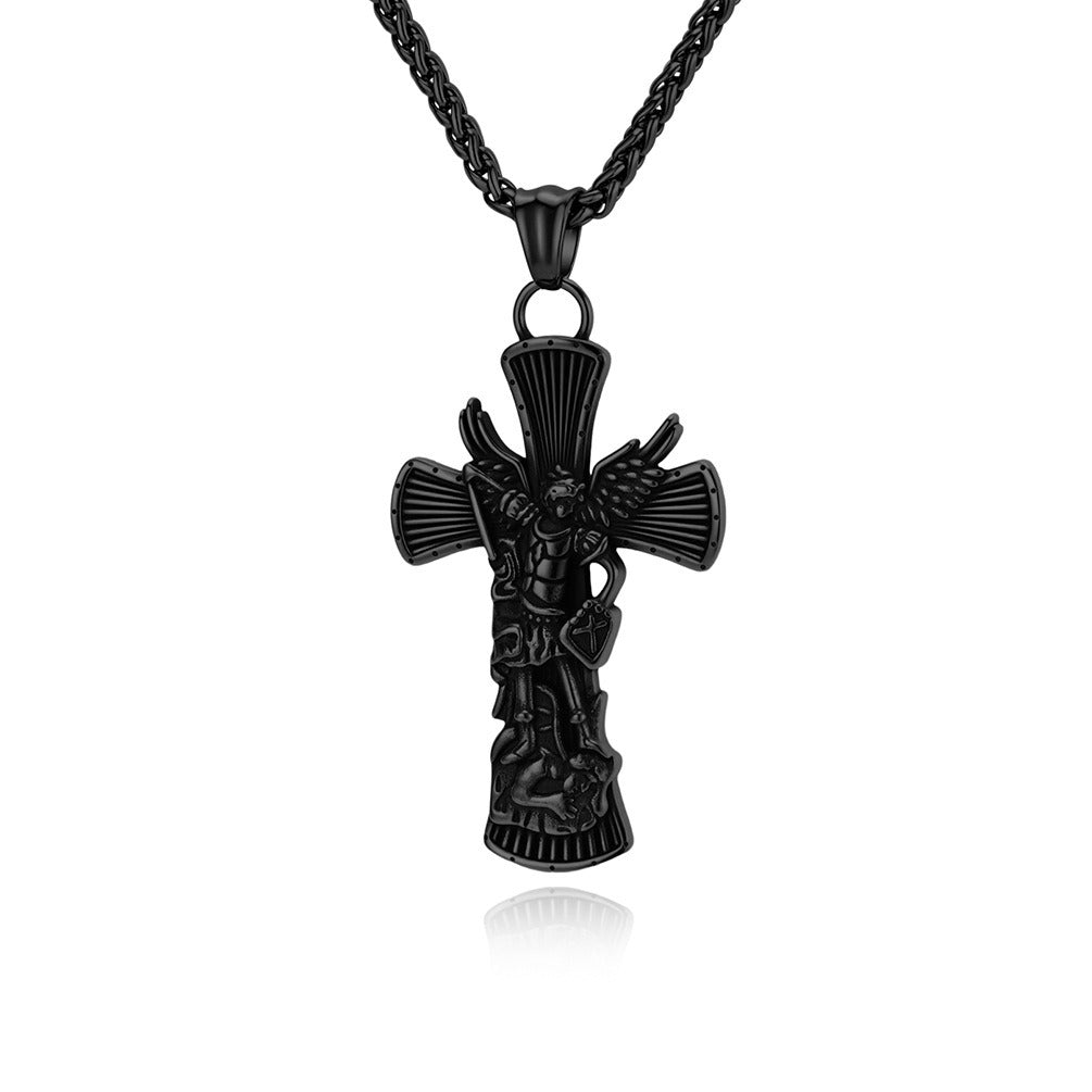 Kemstone Stainless Steel Cross Necklace for Men Angel Figure Detailed Pendant Chain Silver Gold Black K-PT706