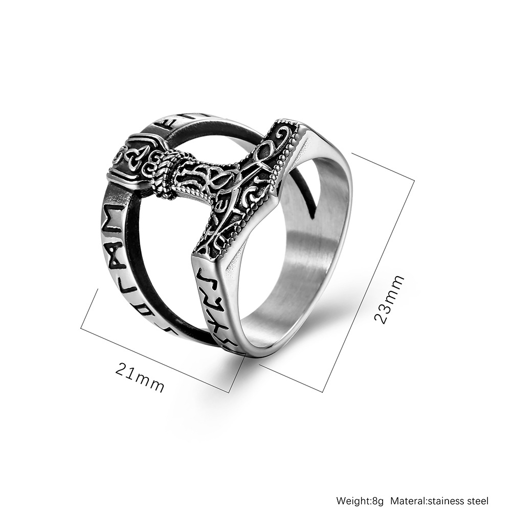 Kemstone Men’s Titanium Steel Ring – Viking Thor’s Hammer Rune Band K-R708