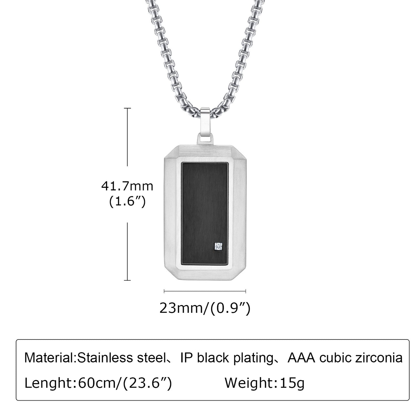 Kemstone Cubic Zirconia Rectangular Pendant Necklace for Men Stainless Steel Black Metal Design PN-1900