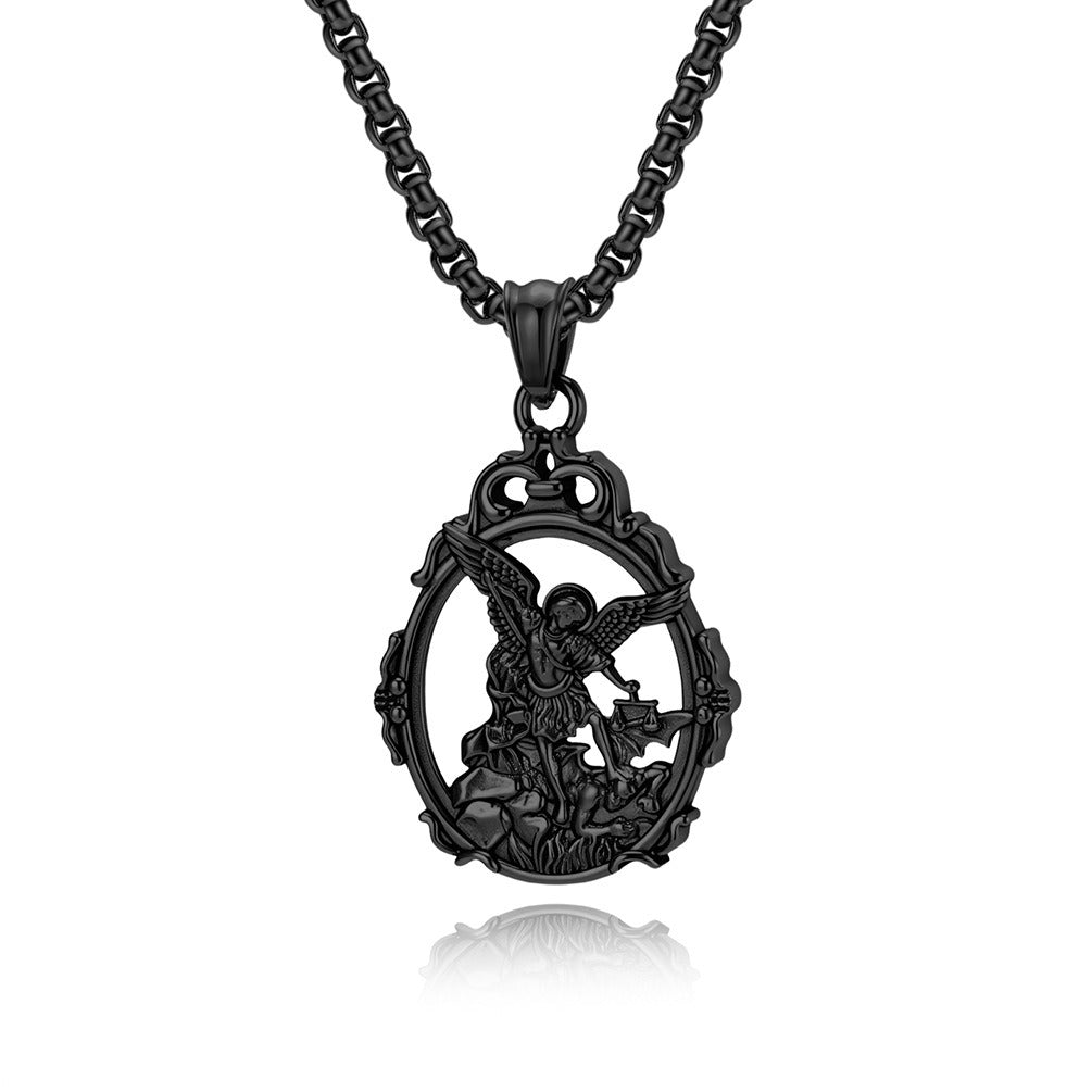 Kemstone Stainless Steel Angel Pendant Necklace for Men Vintage Relief Archangel Medallion Oval Silver Gold Black K-PT711
