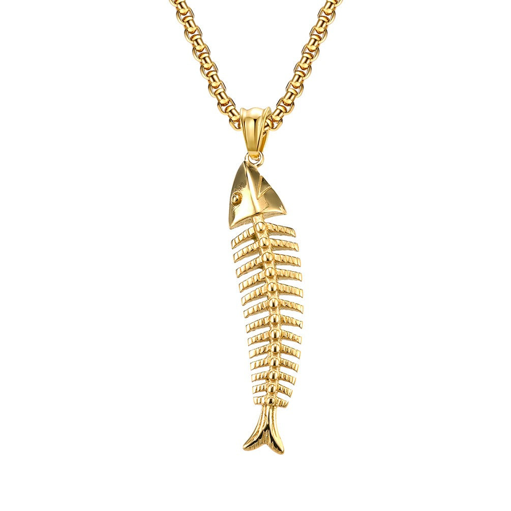 Kemstone Stainless Steel Fishbone Pendant Necklace for Men – Silver, Gold, Black K-PT434