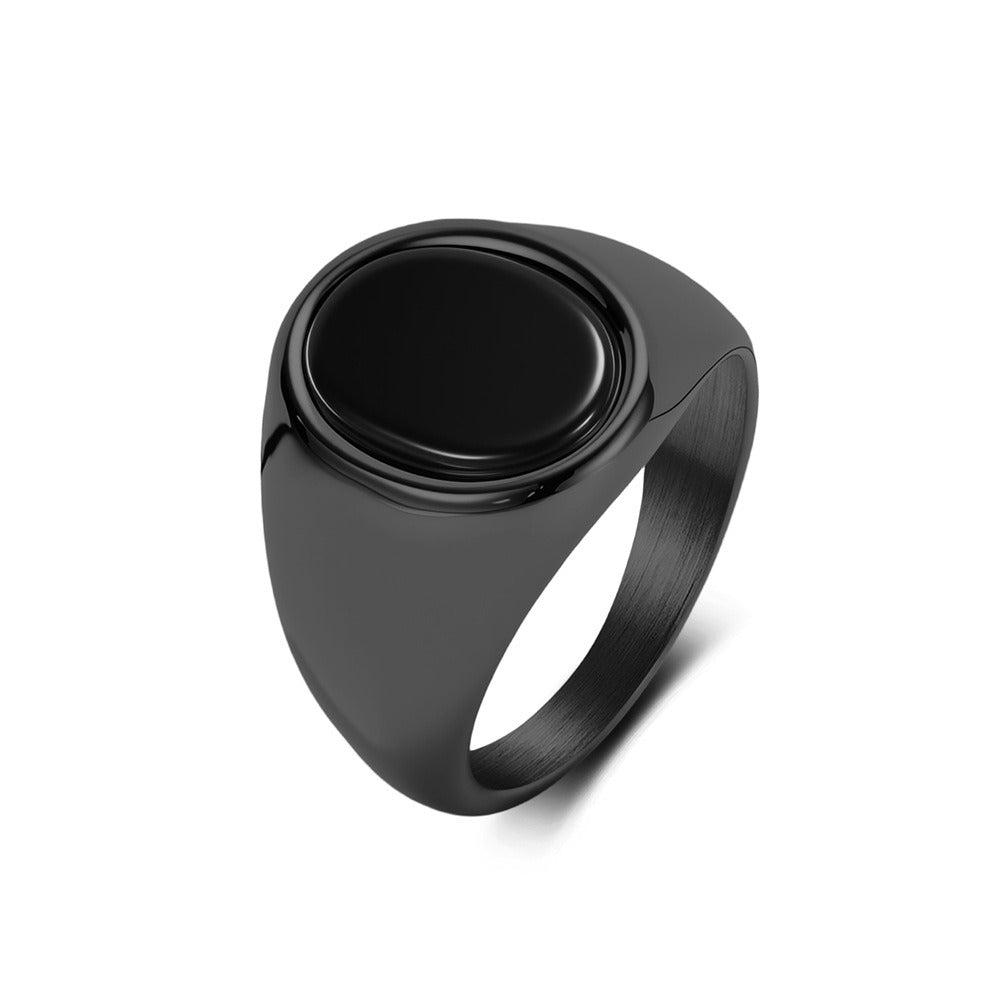Kemstone Signet Ring for Men Stainless Steel Oval Black Stone Inlay Geometric Style KR1134