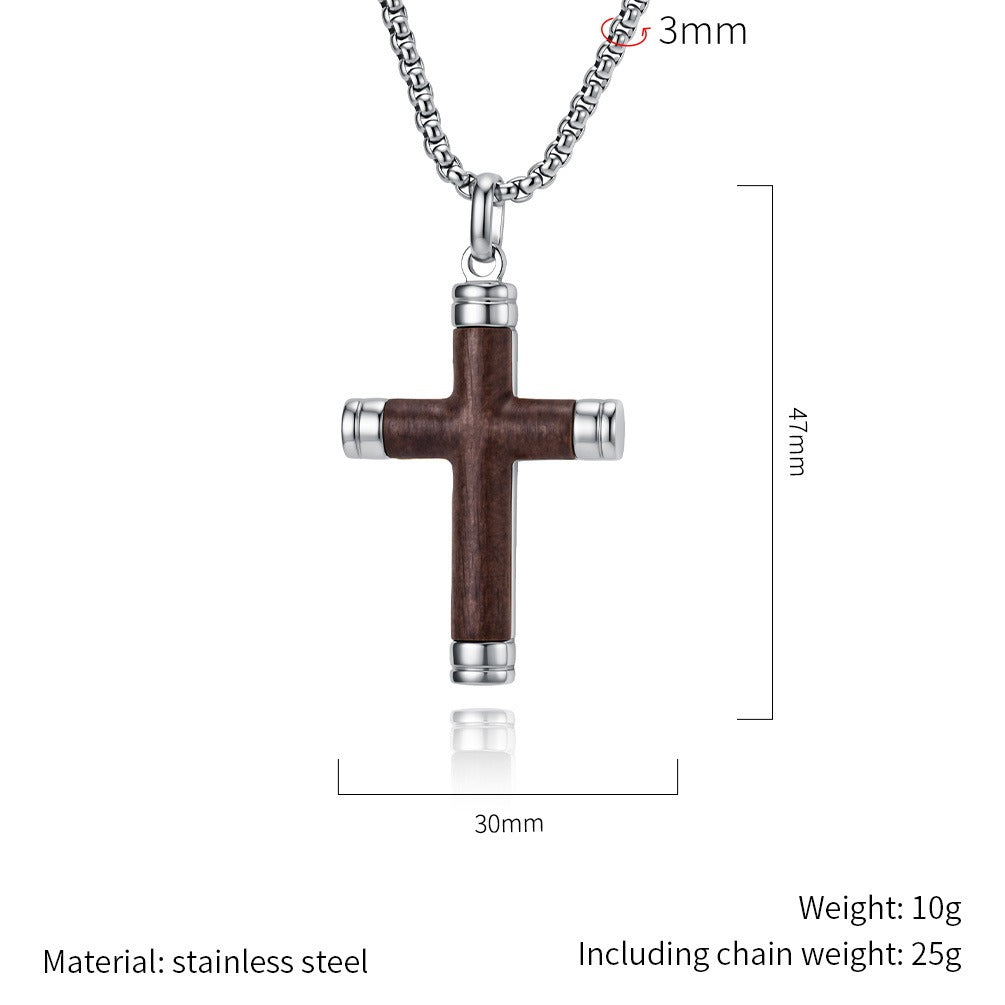 Kemstone Wood Inlay Cross Necklace for Men Stainless Steel Pendant K-PT737
