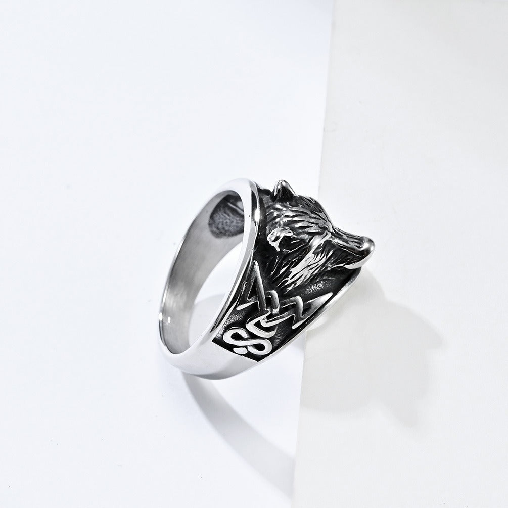 Kemstone Men’s Titanium Steel Celtic Wolf Head Ring – Vintage Symbol K-R692
