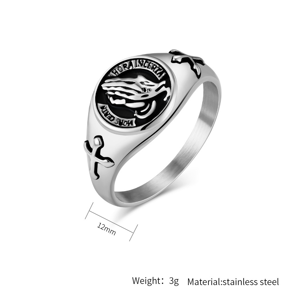 Kemstone Praying Hands Cross Signet Ring in Stainless Steel for Men,Silver Gold Black – K-R831