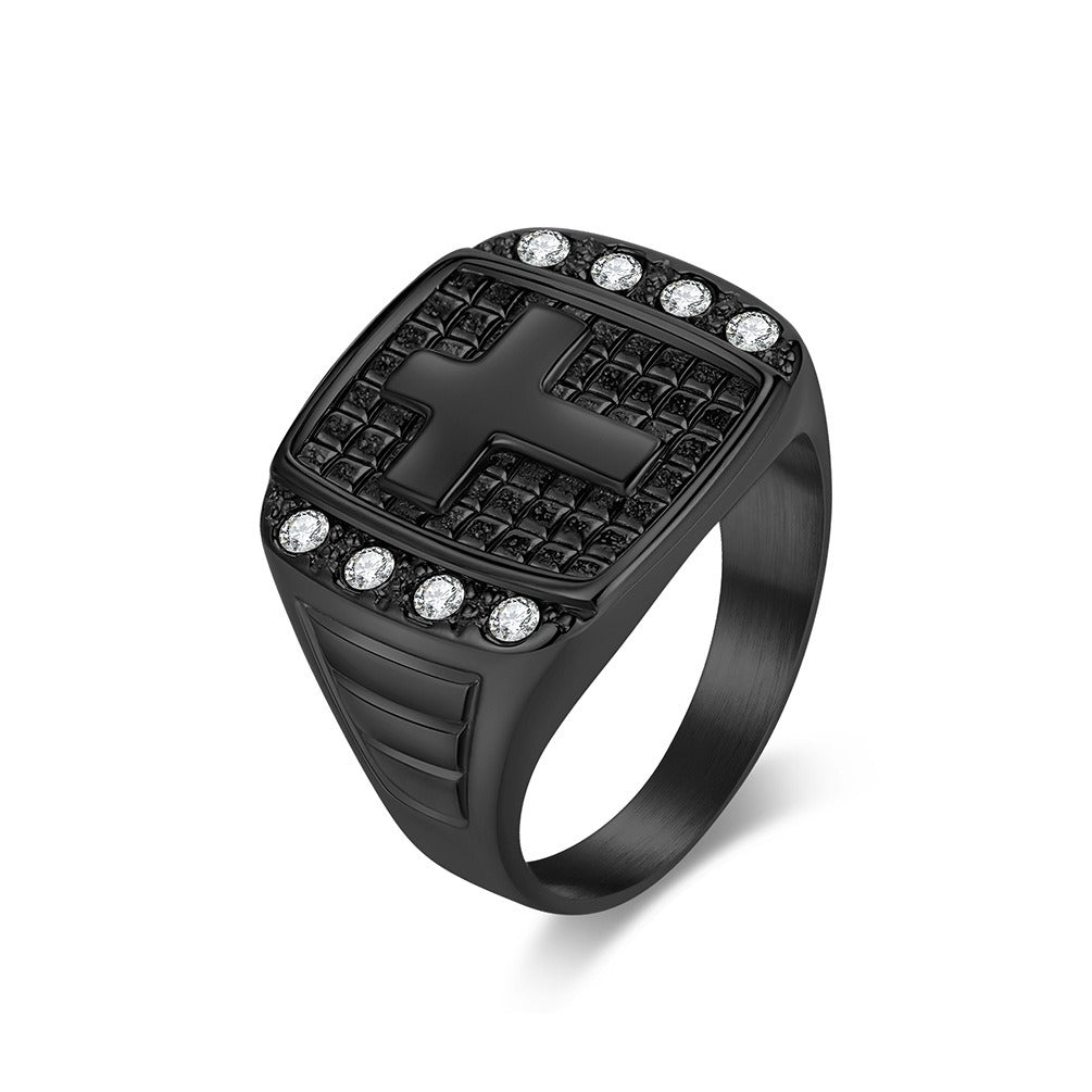 Kemstone Men’s Stainless Steel Cross Ring – CZ Inlaid Signet Jewelry K-R1078