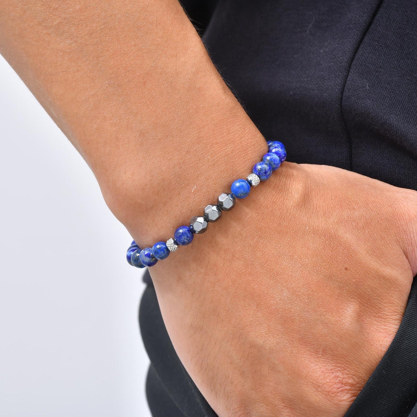 Kemston Lapis Lazuli Black Stone Beaded Bracelet for Men Stainless Steel Vintage Style BR-2917