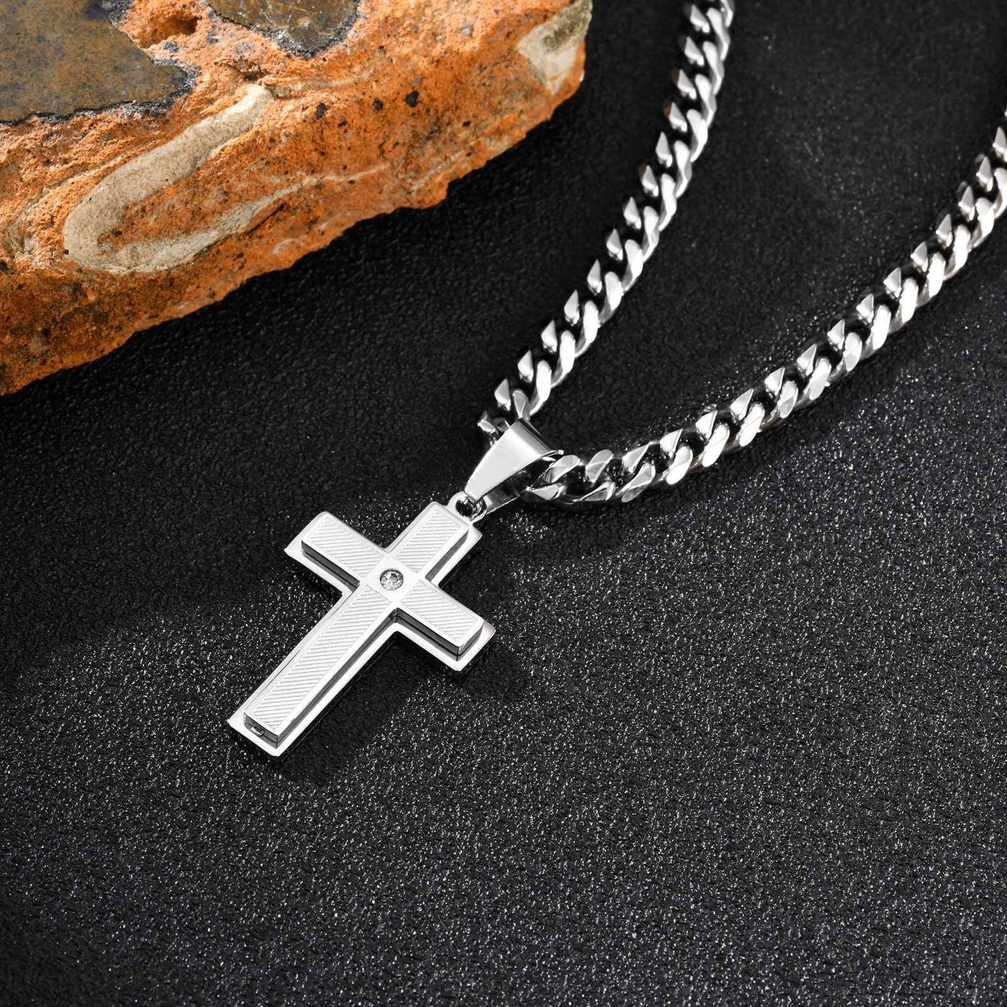 Kemstone Textured Cross Pendant Necklace for Men – Stainless Steel with Cubic Zirconia PN-2237