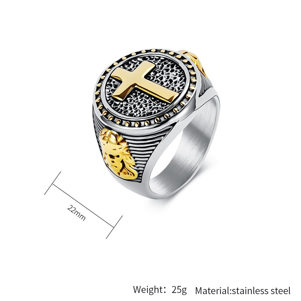 Kemstone Titanium Steel Cross Medallion Ring for Men Two Tone Round Signet Vintage Style Silver Gold Black K-R1140