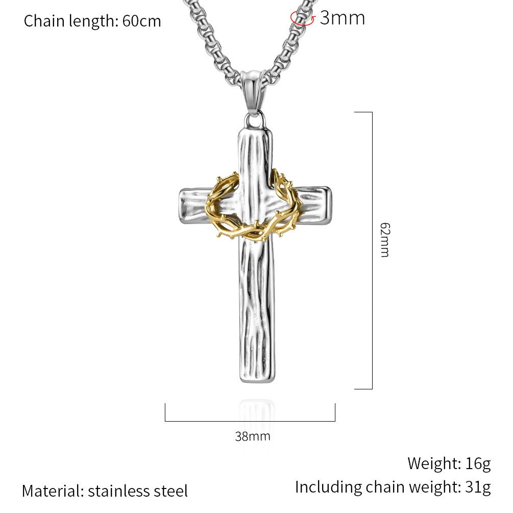 Kemstone Men’s Titanium Steel Cross Necklace – Vintage Wreath Pendant K-PT530