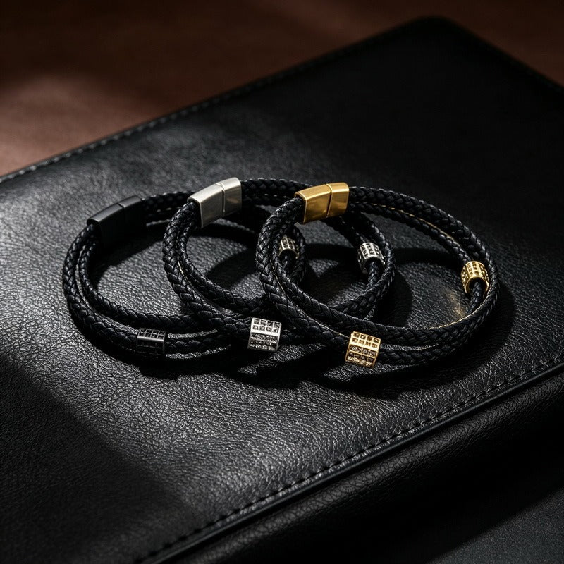 Kemstone Double Layer Braided Leather Bracelet for Men Copper Accent KB214771-SJ
