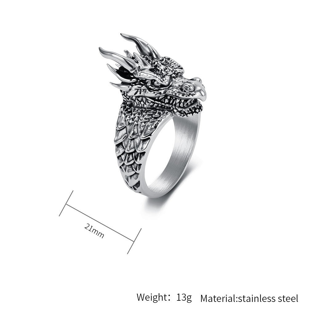 Kemstone Stainless Steel Dragon Head Ring – Gothic Vintage Style for Men K-R1150