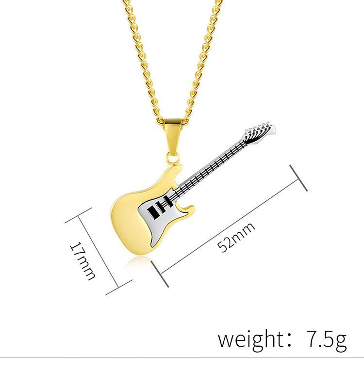 Kemstone Stainless Steel Electric Guitar Pendant Necklace for Men – 60cm Chain, Silver Gold Black K-PT147