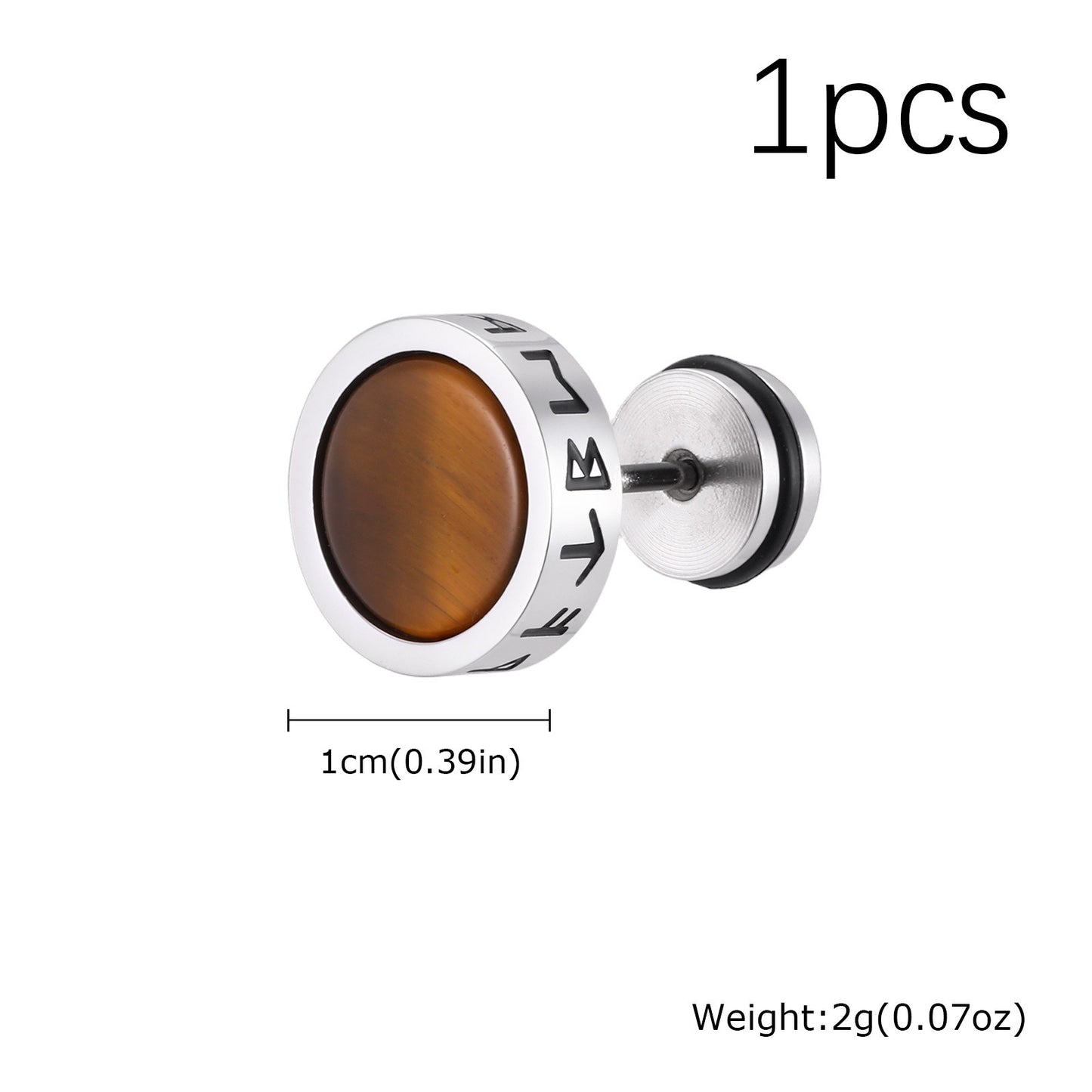 Kemstone Stainless Steel Tiger Eye Stud Earrings – Round Rune Edge Design for Men ES-784