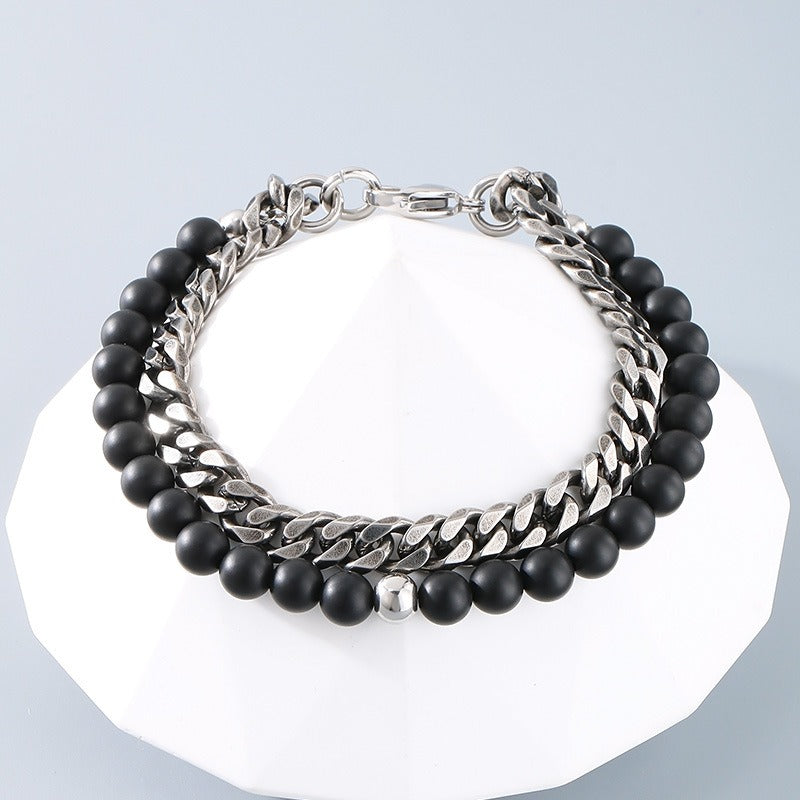 Kemstone Dual-Layer Onyx & Cuban Chain Bracelet – Stainless Steel Power Symbol KB185323-Z