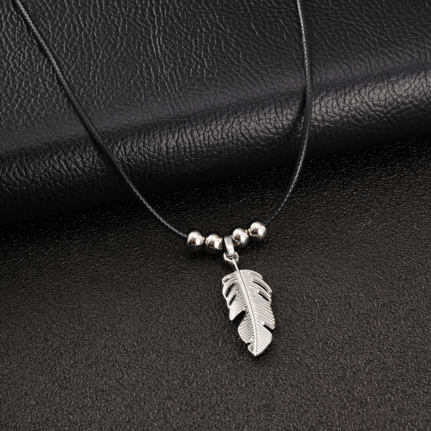 Kemstone Stainless Steel Leaf Pendant Necklace for Men Black Cord Beaded Chain NC-2753