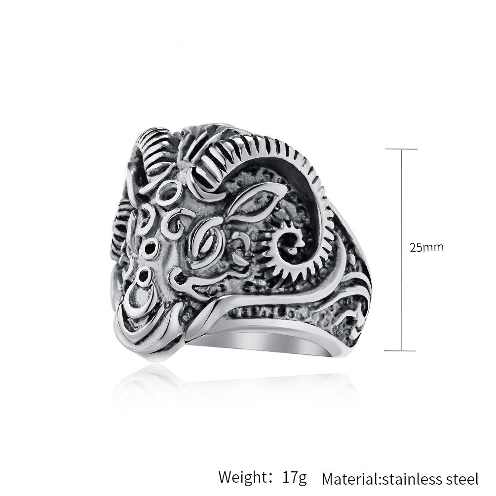 Kemstone Goat Head Relief Stainless Steel Signet Ring for Men – Vintage K-R882