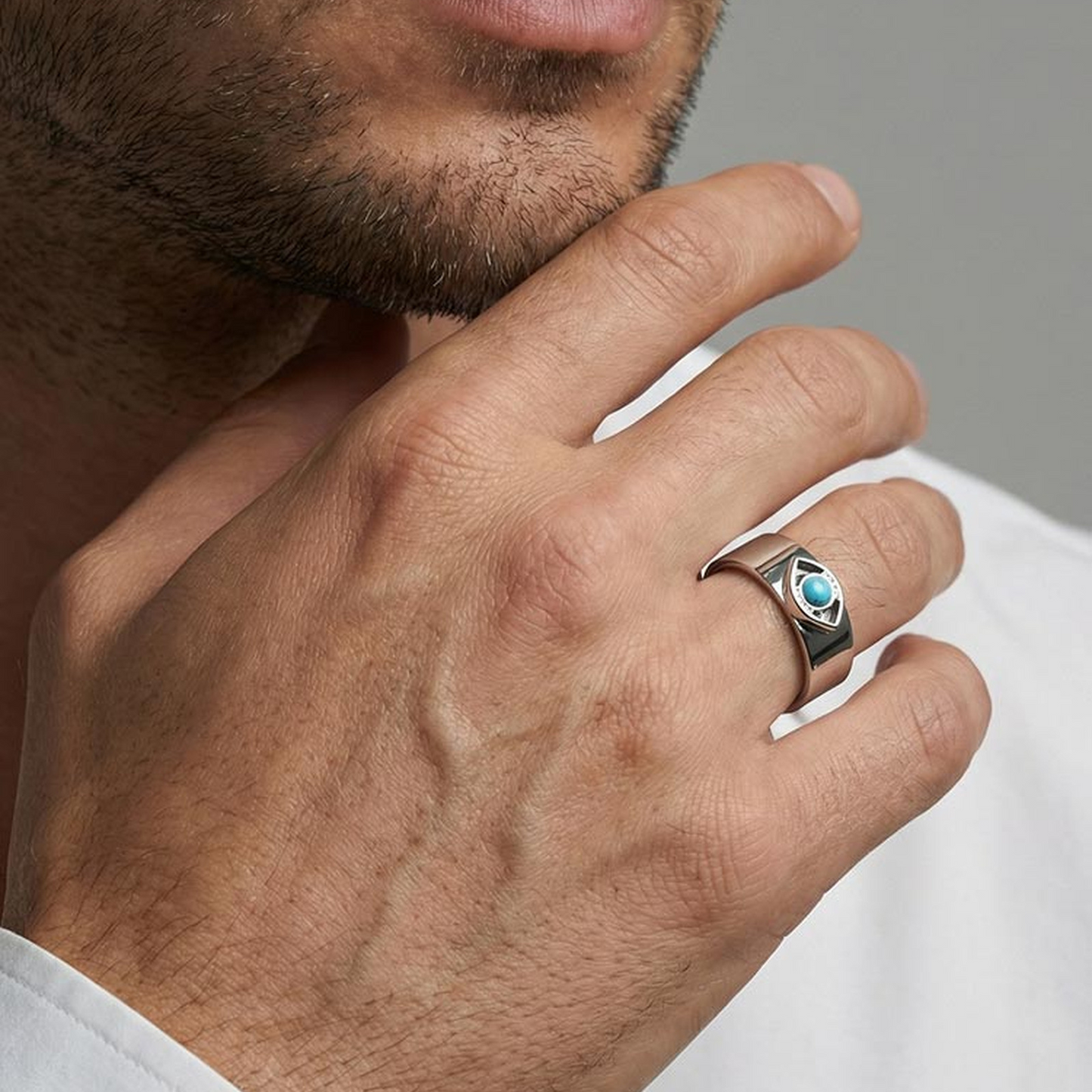 Kemstone Stainless Steel Turquoise Evil Eye Open Ring for Men RC-1022