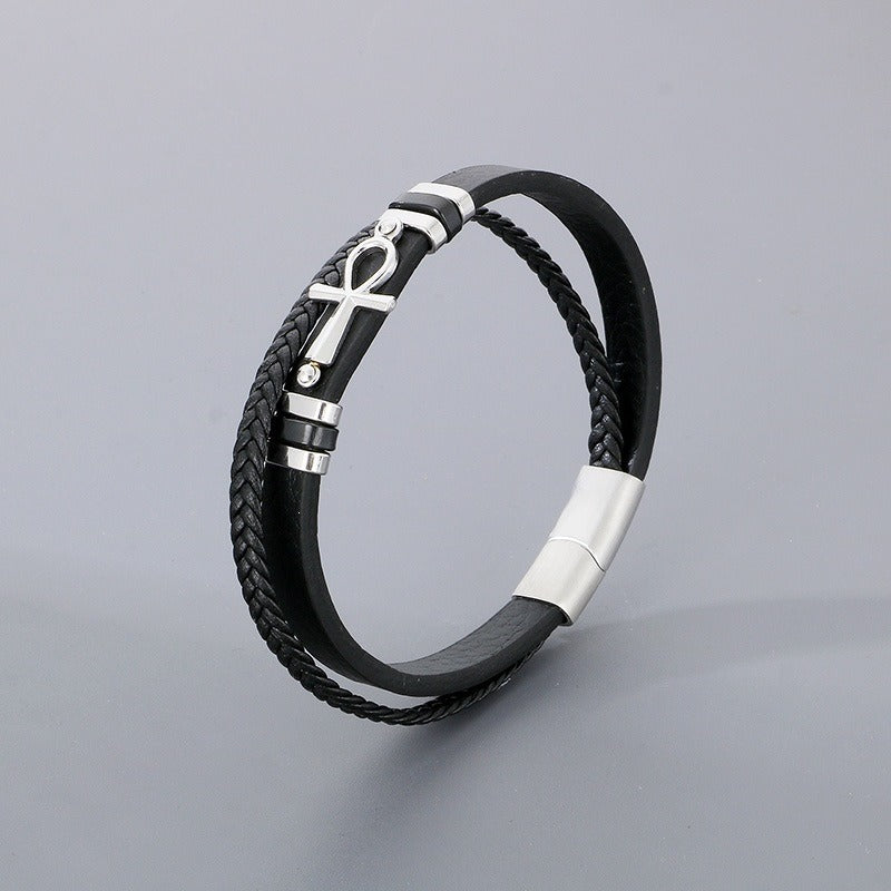 Kemstone Layered Leather Bracelet for Men Stainless Steel Cross Detail KB180738-JR