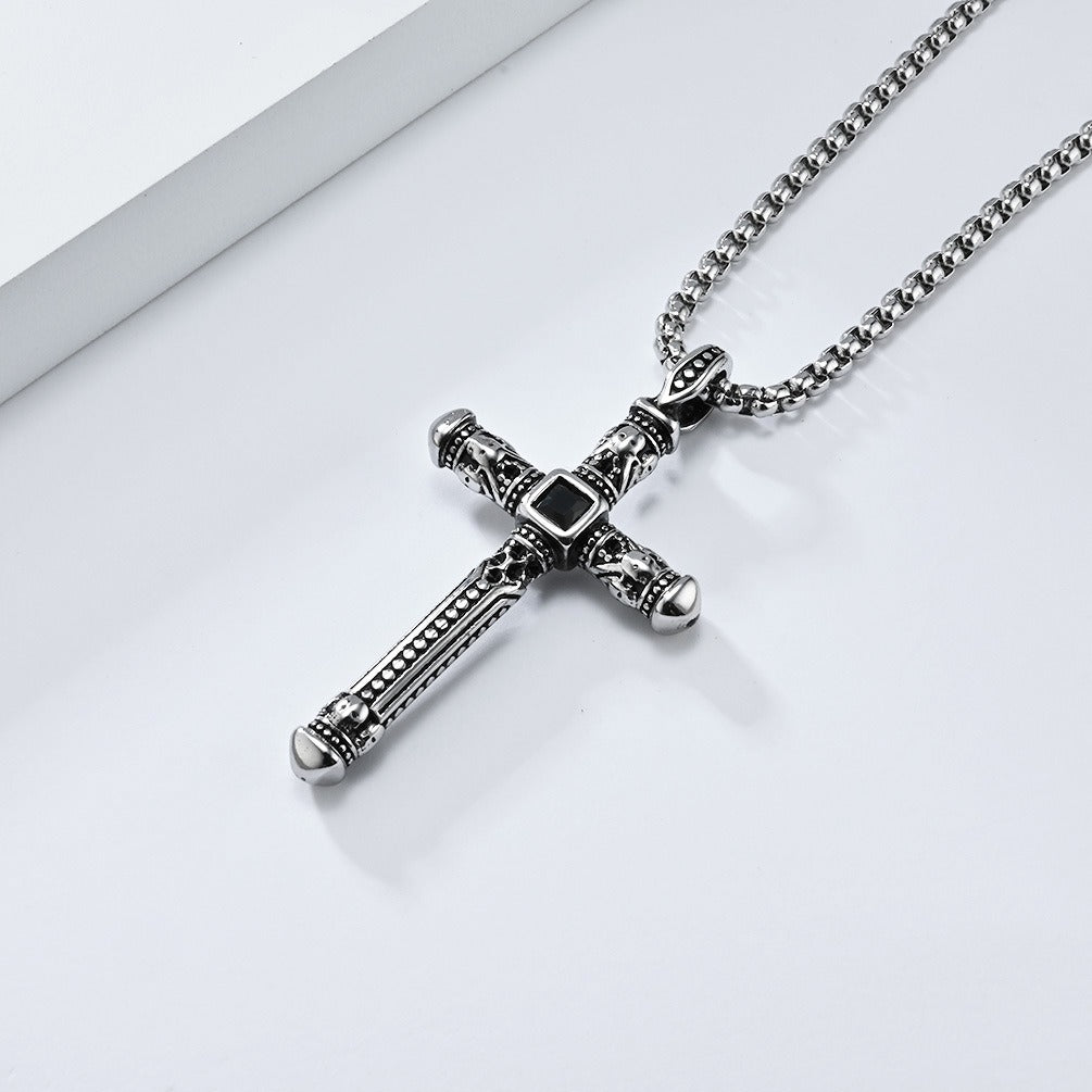 Kemstone Vintage Cross-Shape Stainless Steel Pendant Necklace for Men – Black Stone Inlay K-PT565