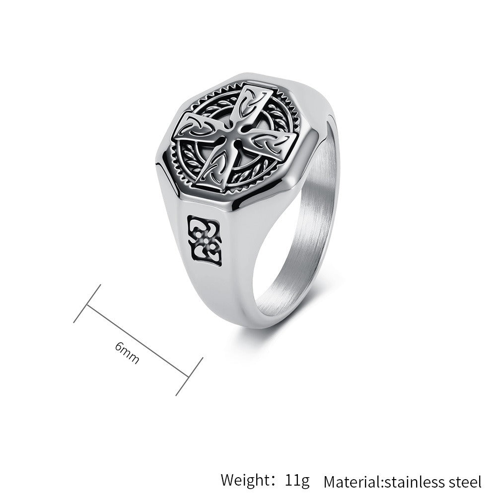Kemstone Stainless Steel Celtic Cross Ring for Men Vintage Knot Signet Nordic Style Silver Gold Black K-R1142