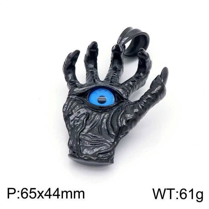 Collana con ciondolo in acciaio al titanio Kemstone Vintage con mano malvagia e occhio blu - Design audace con artiglio di drago per tutti i giorni KP80274