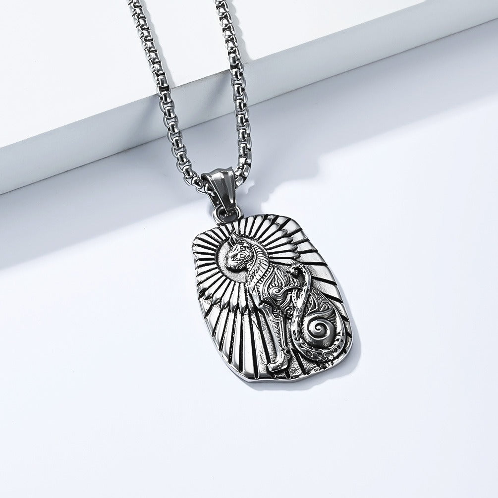 Kemstone Ancient Cat Symbol Stainless Steel Pendant Necklace for Men – Engraved Relief, Gold Silver K-PT699