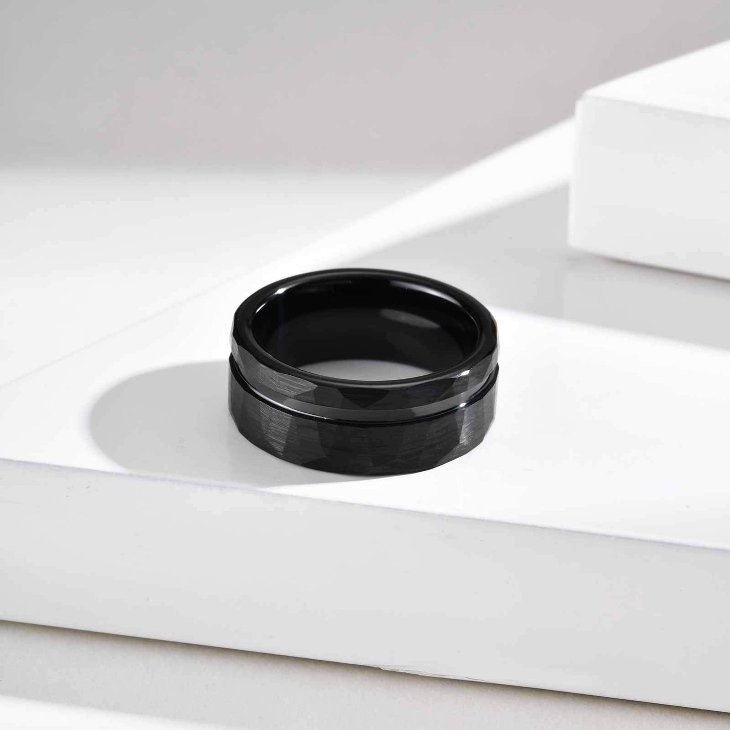 Kemstone Tungsten Carbide Hammered Ring – 8mm Black Brushed Band for Men TCR-104