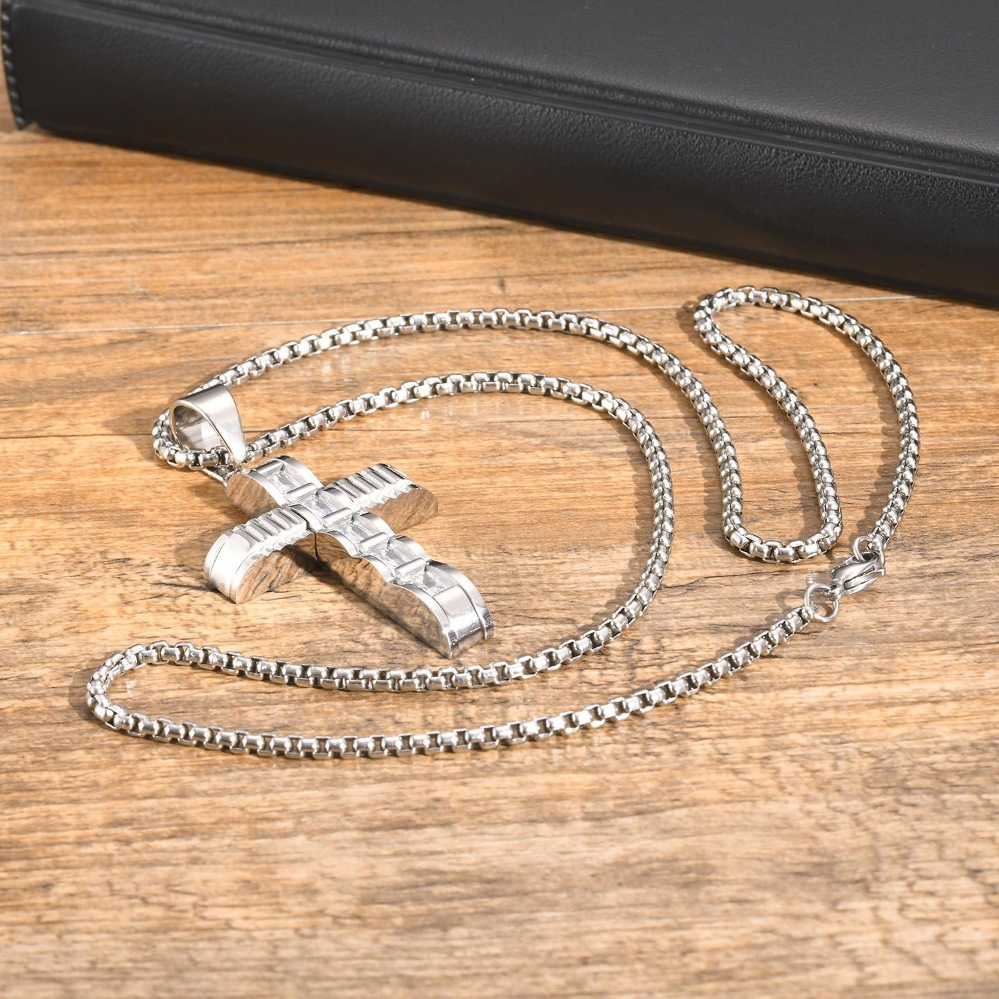 Kemstone Stainless Steel Cross Pendant Necklace for Men Square Cubic Zirconia Silver PN2058
