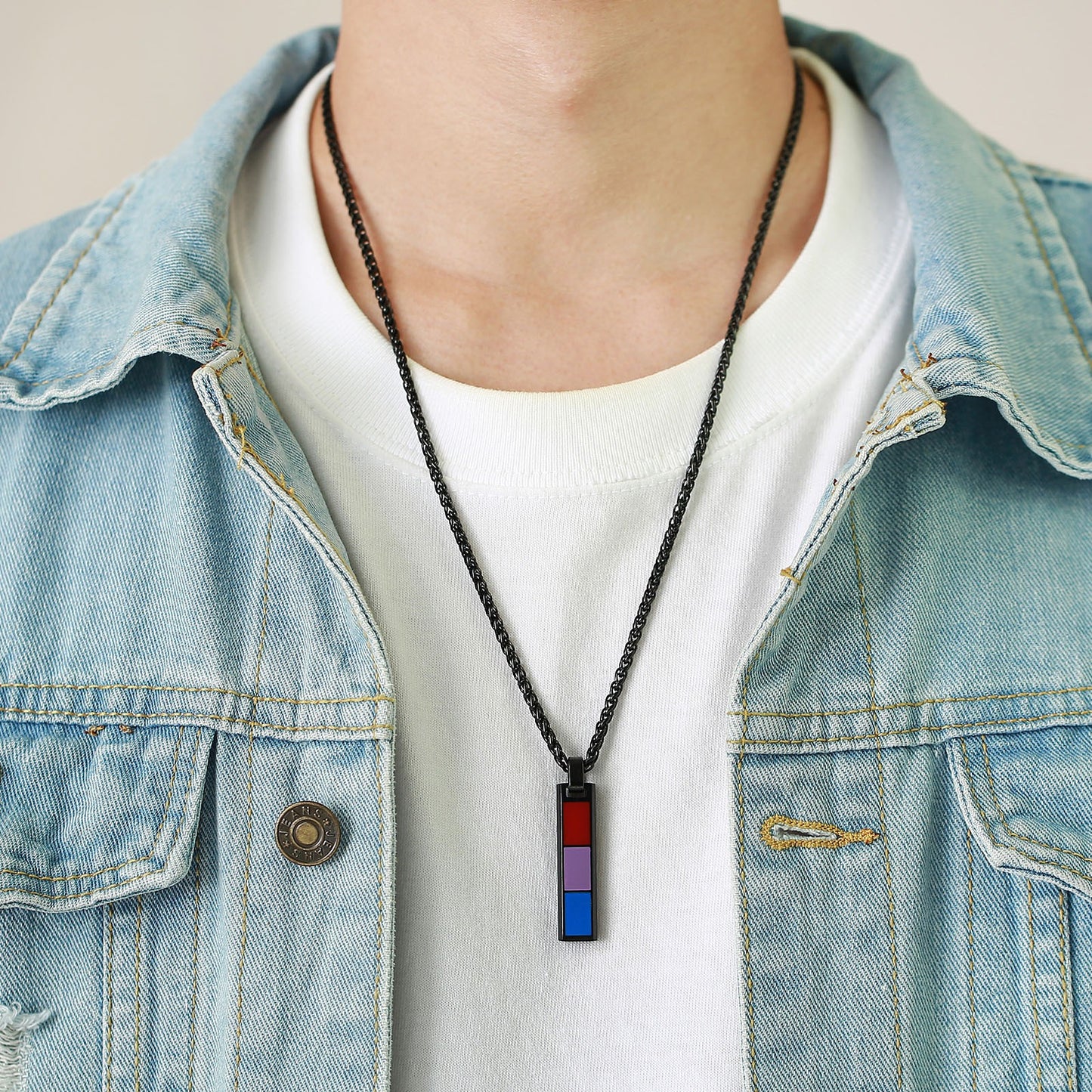 Kemstone Color Block Bar Pendant Necklace Stainless Steel Rectangle Design for Men PPN-004