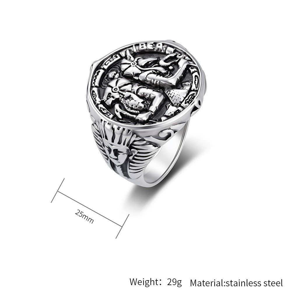 Kemstone Anubis Relief Signet Ring for Men Stainless Steel Egyptian Vintage K-R1216
