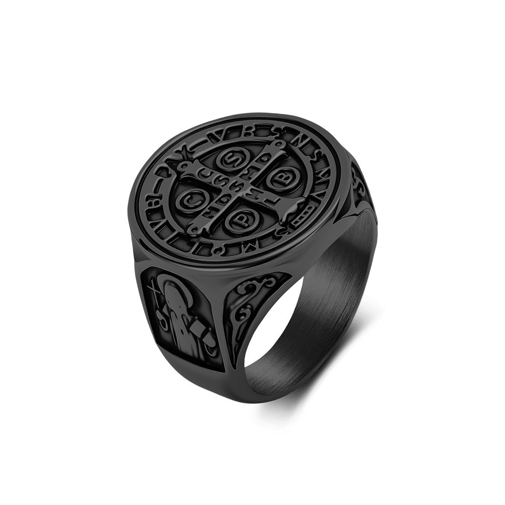 Kemstone Stainless Steel Cross Medallion Ring for Men Vintage Engraved Coin Signet Seal Symbol Silver Gold Black K-R1143