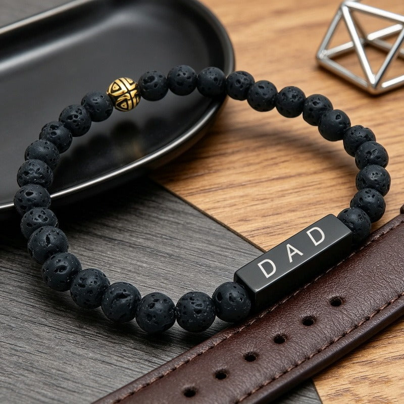 Kemston Black Lava Stone Beaded Bracelet for Men Stainless Steel Dad Gift Minimal Style KB214603-Z