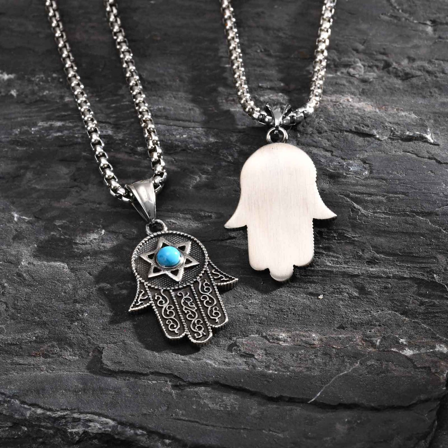 Kemstone Stainless Steel Hamsa Hand Necklace – Hexagram Turquoise Pendant for Men PN-2232