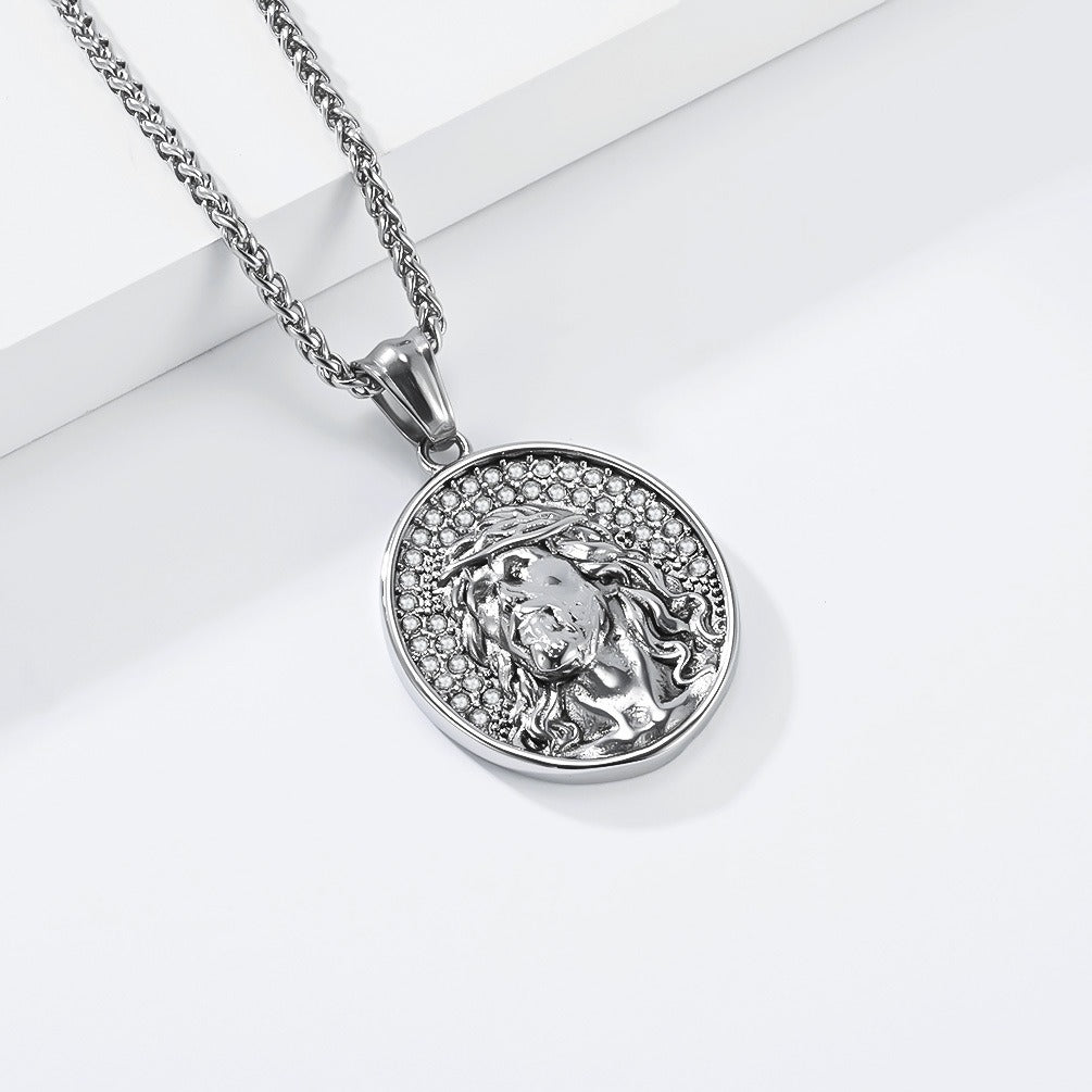 Kemston Stainless Steel Oval Portrait Pendant Necklace for Men Vintage Thorn Detail K-PT730