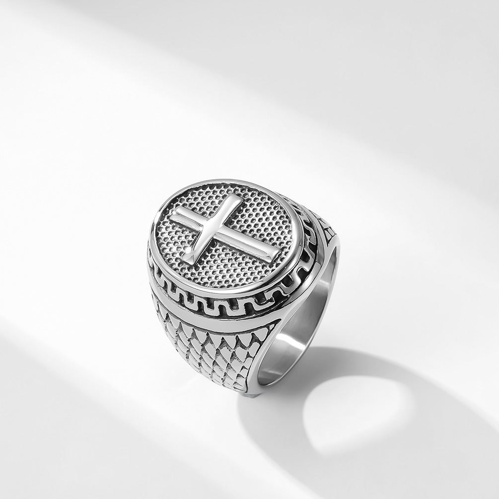 Kemstone Stainless Steel Cross Signet Ring – Engraved Vintage Surface K-R650