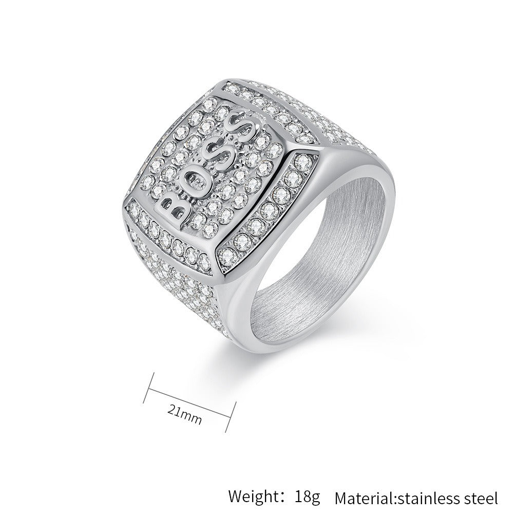 Kemstone Signet Ring for Men Stainless Steel Letter Cubic Zirconia Silver Gold K-R936