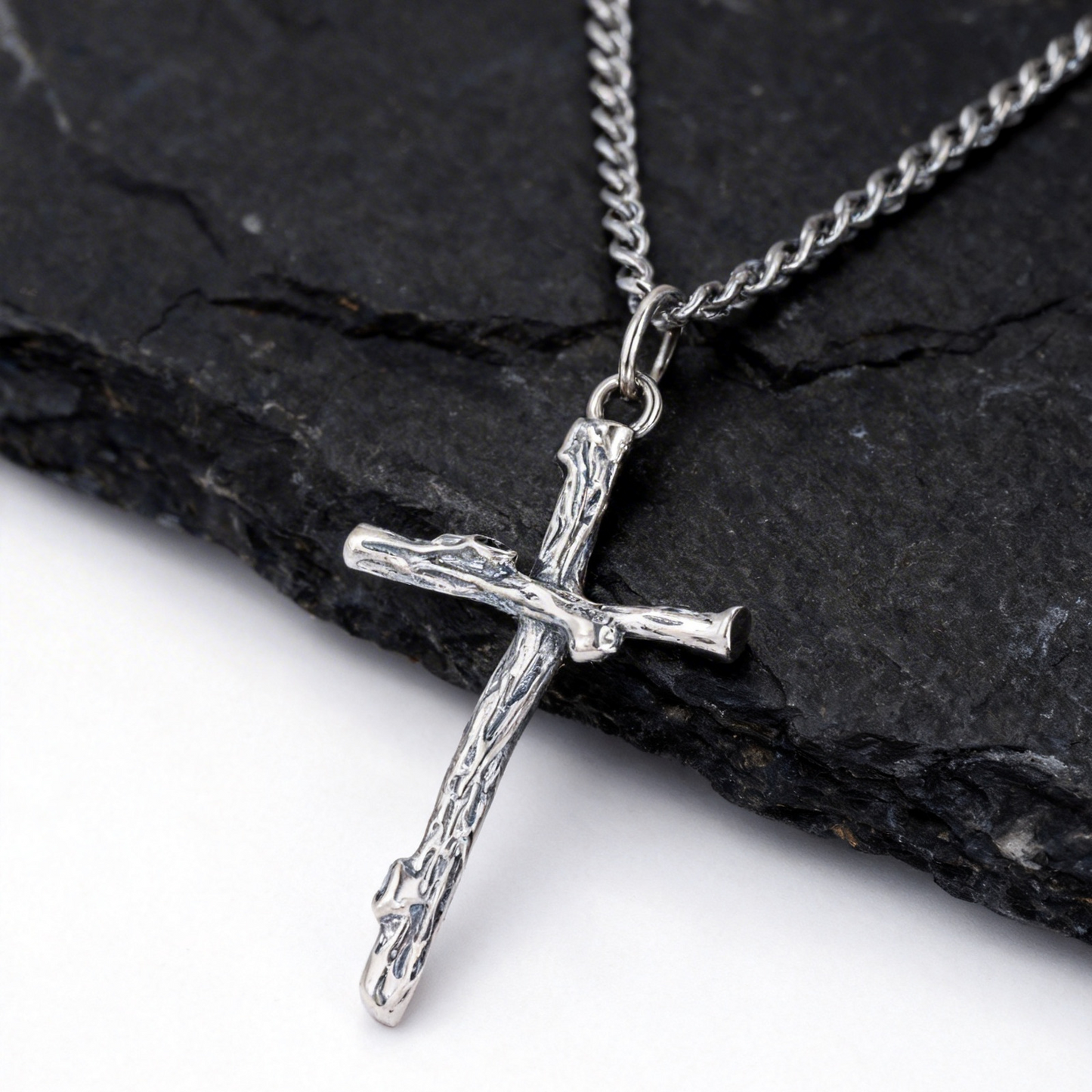 Kemstone Branch Cross Pendant Necklace Stainless Steel Chain Silver for Men PNB-403
